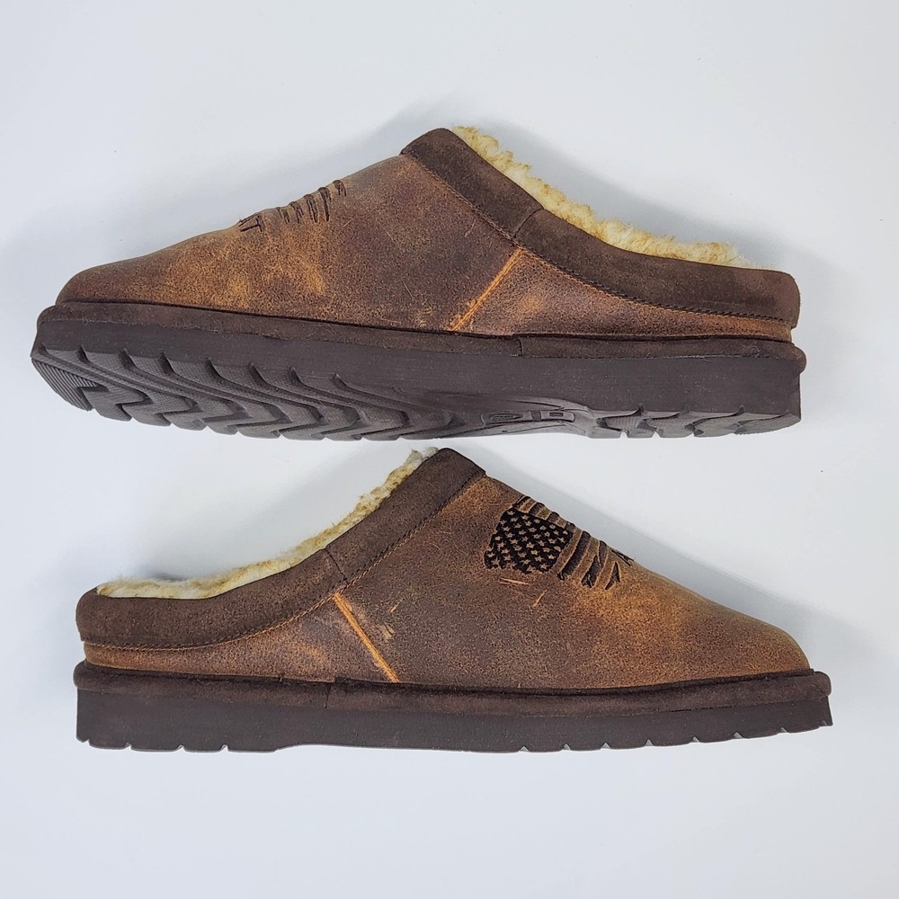 Ariat Shoes Mens Size 10 Brown Leather Faux Fur Mule Slippers Flag AR2692-200 - Picture 10 of 15